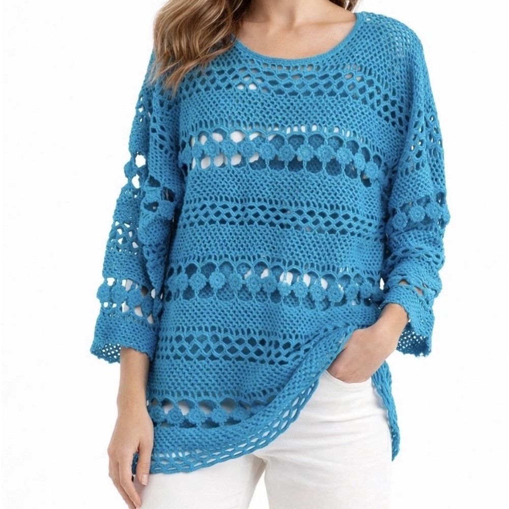 REBECCA STONE Women Vtg Turquoise Ramie Cotton Crocheted Pullover Sweater(LARGE)